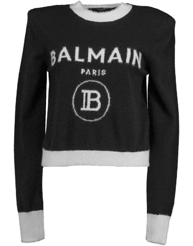 Black and White Cropped Fuzzy Logo Sweater