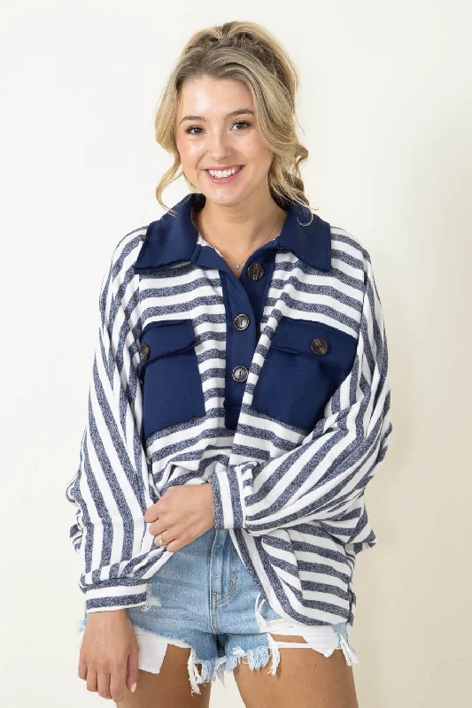 Bucketlist Oversized Fleece Button Up Striped Sweater for Women in Navy | T1578-7-NAVY