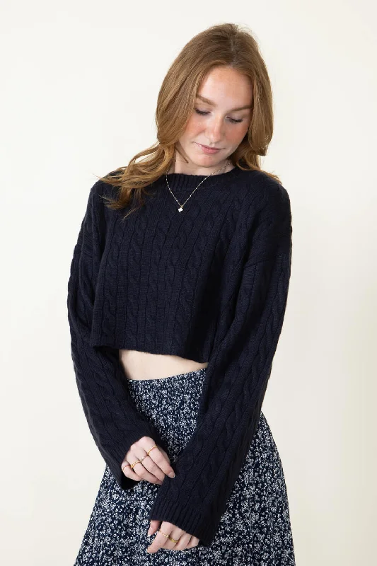 Cable Knit Crop Sweater for Women in Navy | MT1543-NAVY