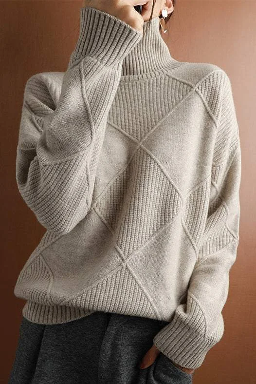 2-Way High Neck Rib Contrast Diamond Sweater - 6 Colors Available