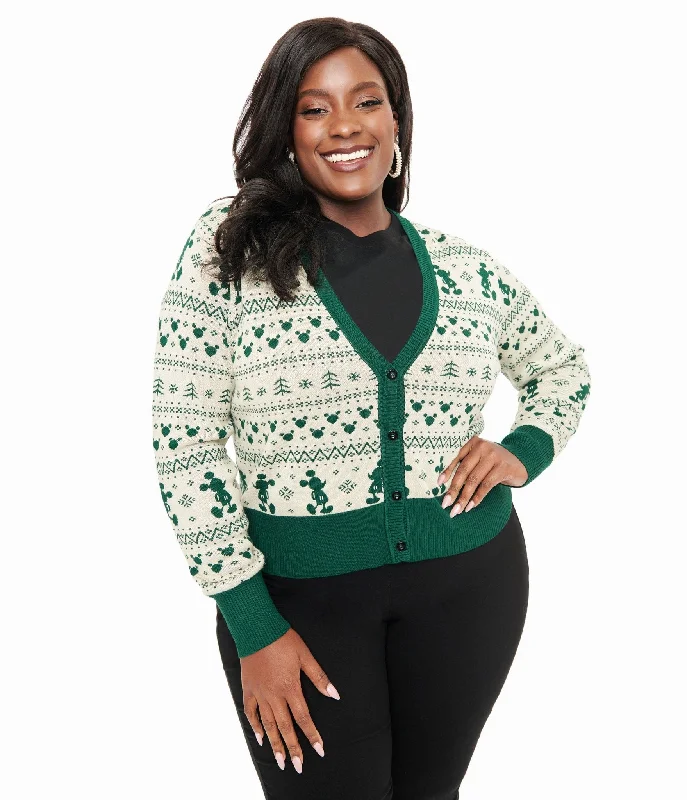 Disney Holiday Collection by Unique Vintage Plus Size Green Mickey Fair Isle Jacquard Sweater Cardigan