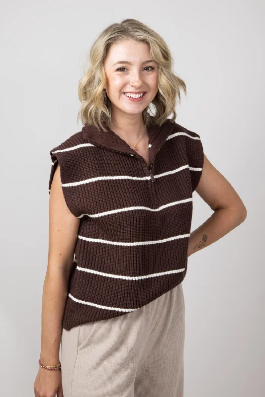 Elan Stripe Zip Neck Cap Sleeve Sweater Shirt for Women in Brown Beige | SWS10850-BRNBEI