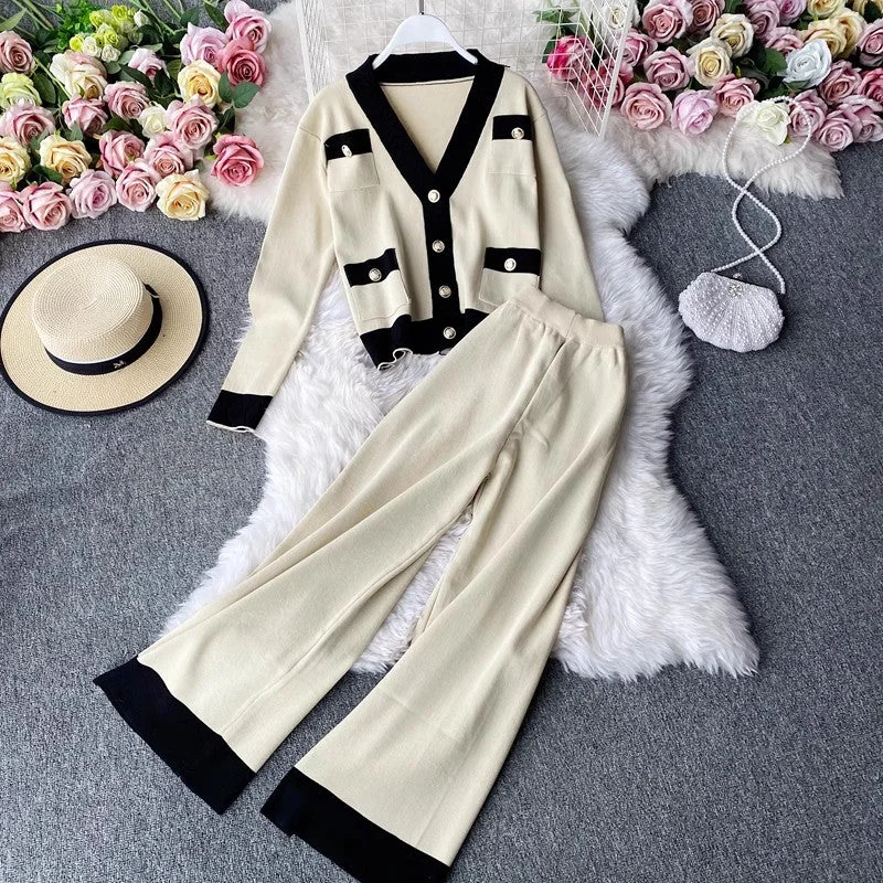 Knitted suit for women casual V-neck cardigan sweater casual leg trousers two-piece set       S4169