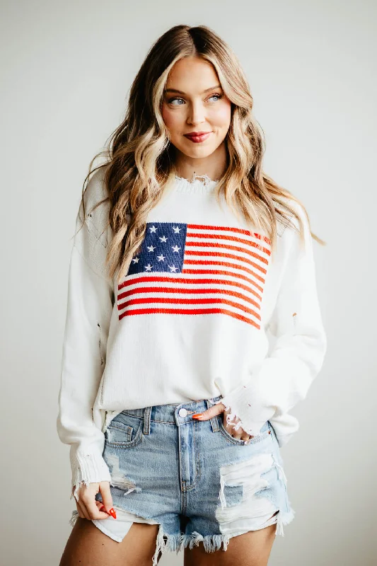 Miracle American Flag Distressed Sweater for Women in Ivory | L2402-IVORY