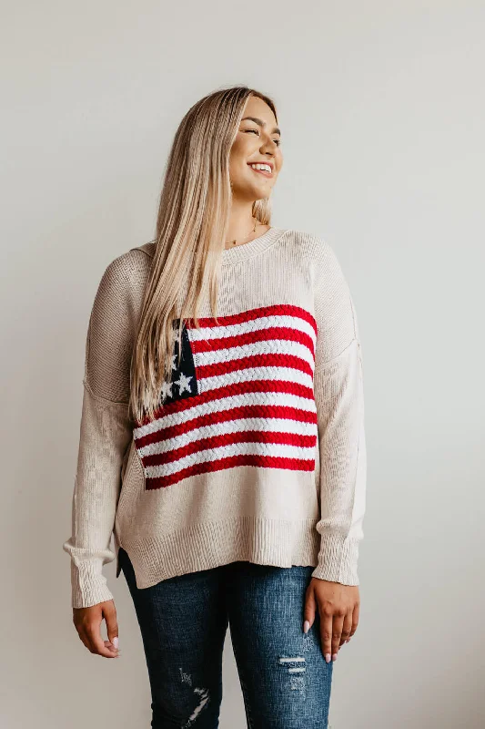 Miracle Knit American Flag Sweater for Women in Beige | M8167-BEIGE