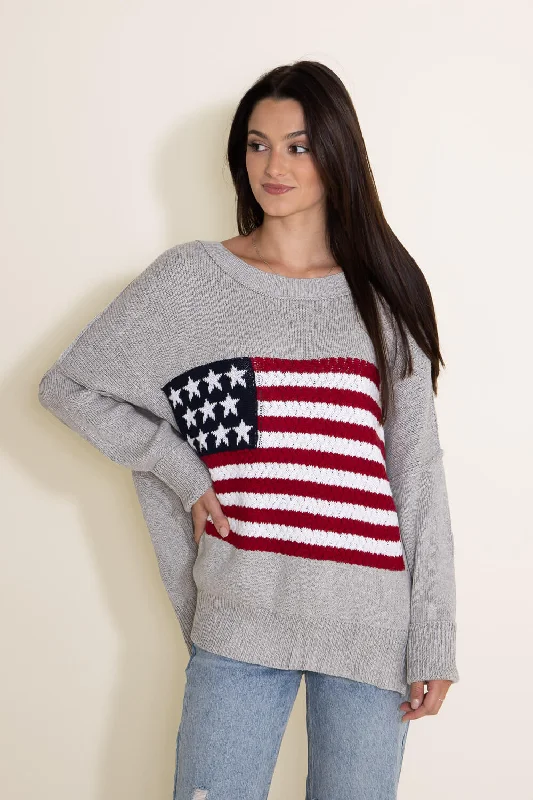 Miracle Knit American Flag Sweater for Women in Grey | M8167-GREY