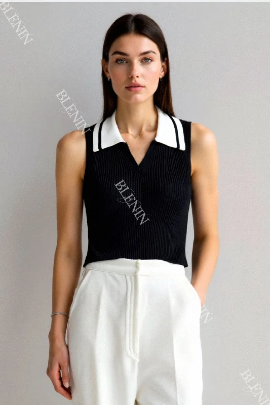 Old Money Sleeveless Knitted Color Block Collared Sweater Vest