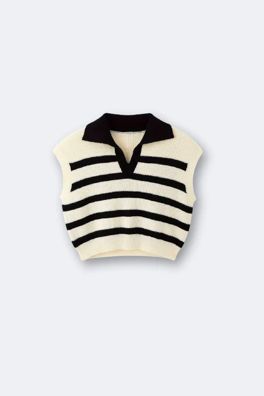 Old Money Women's Stylish Striped Knitted Sweater Polo Vest