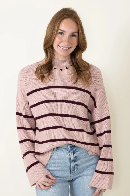 Pencil Stripe Mock Neck Sweater for Women in Blush | MT1552-BLUSH