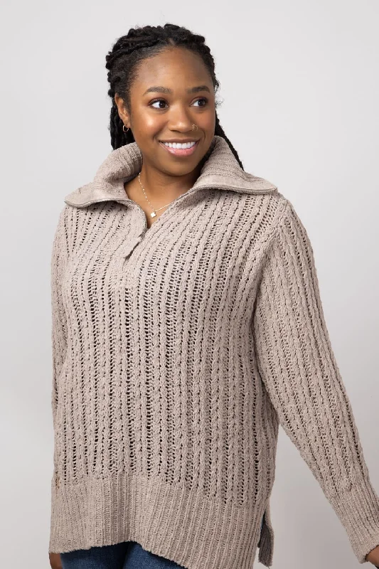 Simply Southern So Soft Quarter Zip Sweater for Women in Tan | PP-0224-SWTR-SOSFT-TAN