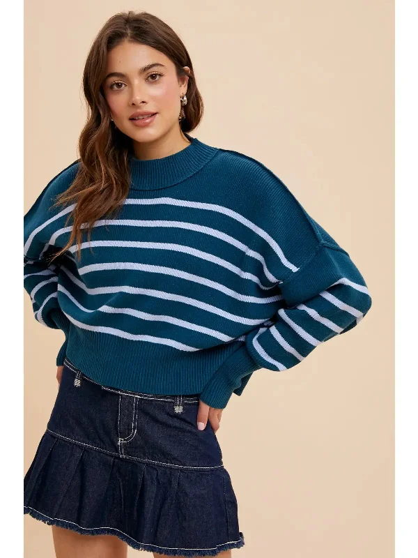 Striped Mock Neck Sweater - Emerald Multi