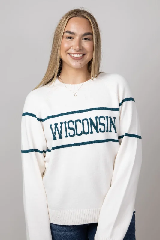 Thread & Supply Wisconsin Varsity Lettering Sweater for Women in Cream/Pinegreen | T2454SWTS-OFFWHITEPINE