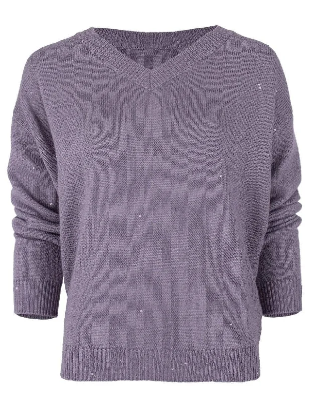 Violet Long Sleeve V-Neck Cashmere Silk Pailette Knit Sweater