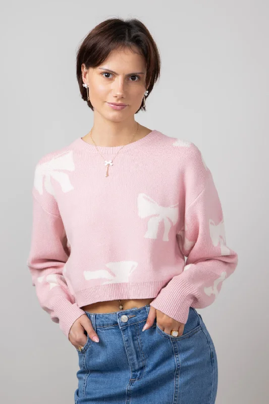 White Bow Sweater for Women in Pink | IWT4021-PINKWHITE