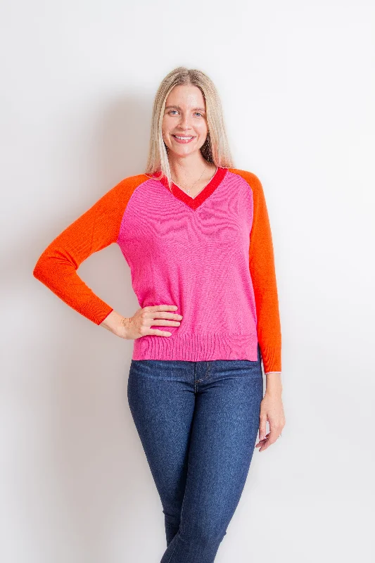 Fuchsia & Orange V-Neck Sweater