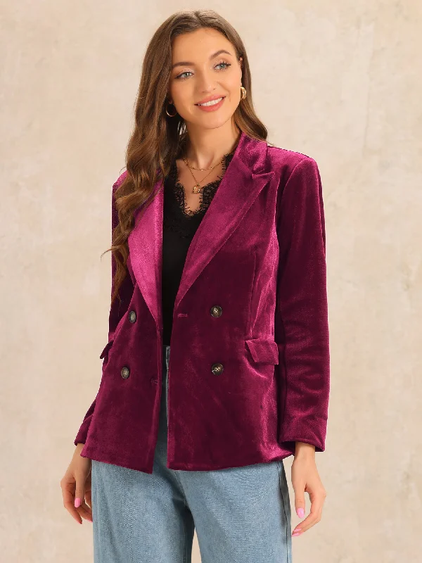 Velvet Notched Lapel Long Sleeve Double Breasted Blazer Jacket