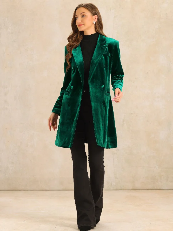 Velvet Notched Lapel Double-Breasted Long Outerwear Winter Coats