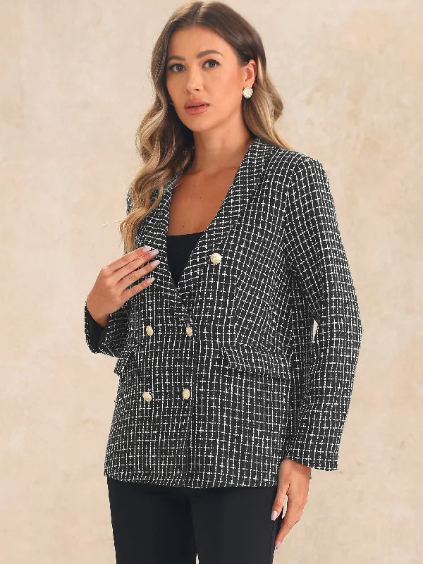 Tweed Shawl Lapel Button Front Plaid Jacket Blazer