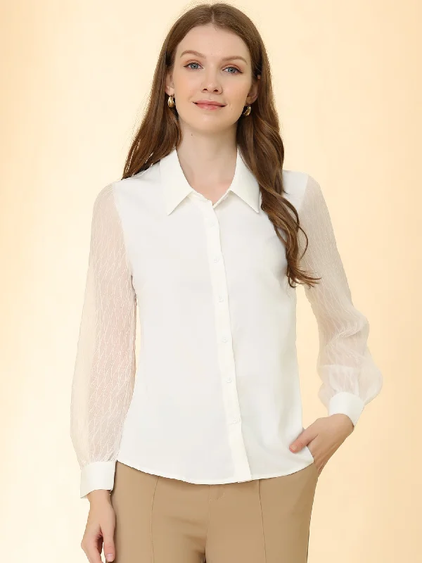 Button Down Shirt Sheer Sleeve Point Collar Work Tops