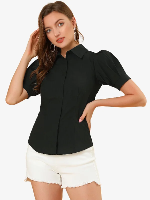 Puff Sleeve Collared Cotton Work Office Button Down Shirt