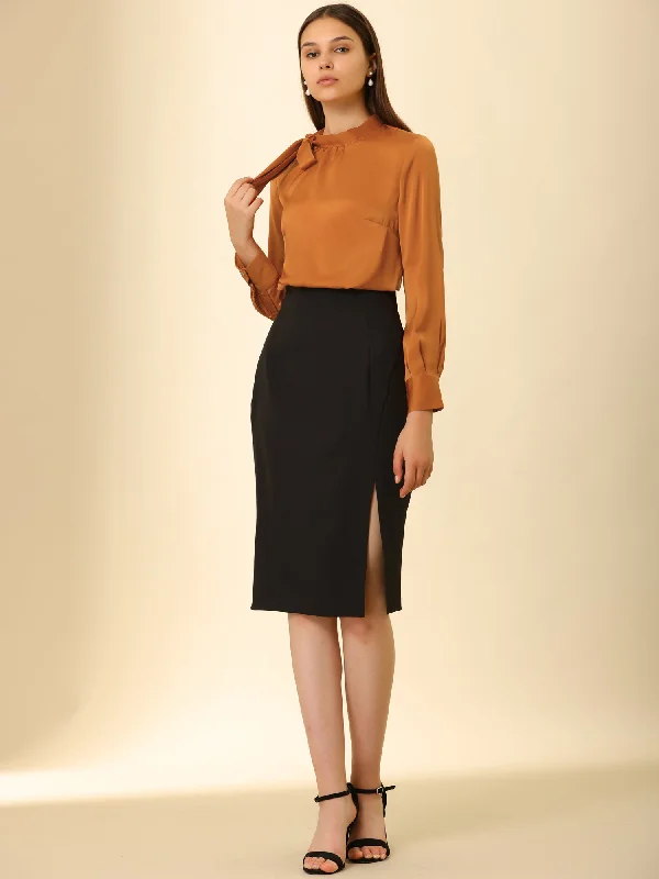 Bow Tie Neck Shirt Work Office Satin Blouse