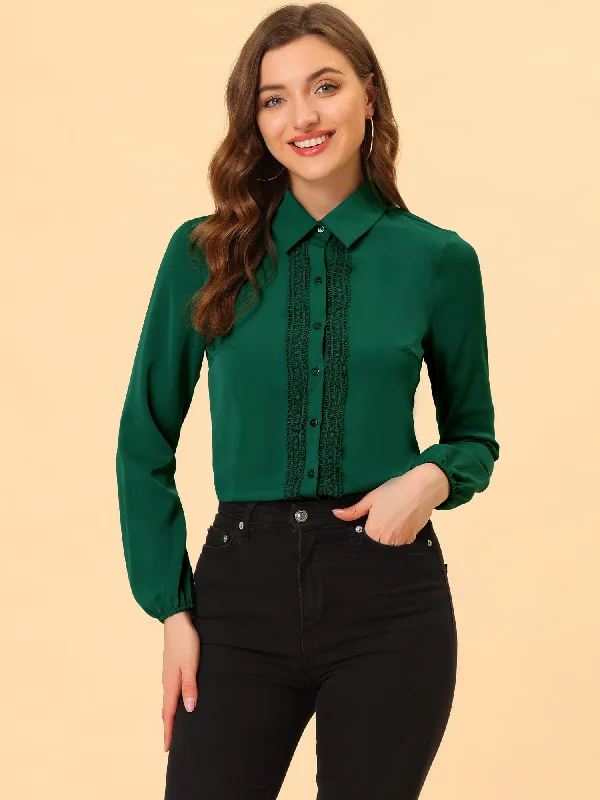 Button Down Shirt Lace Trim Long Sleeve Collared Work Blouse Top