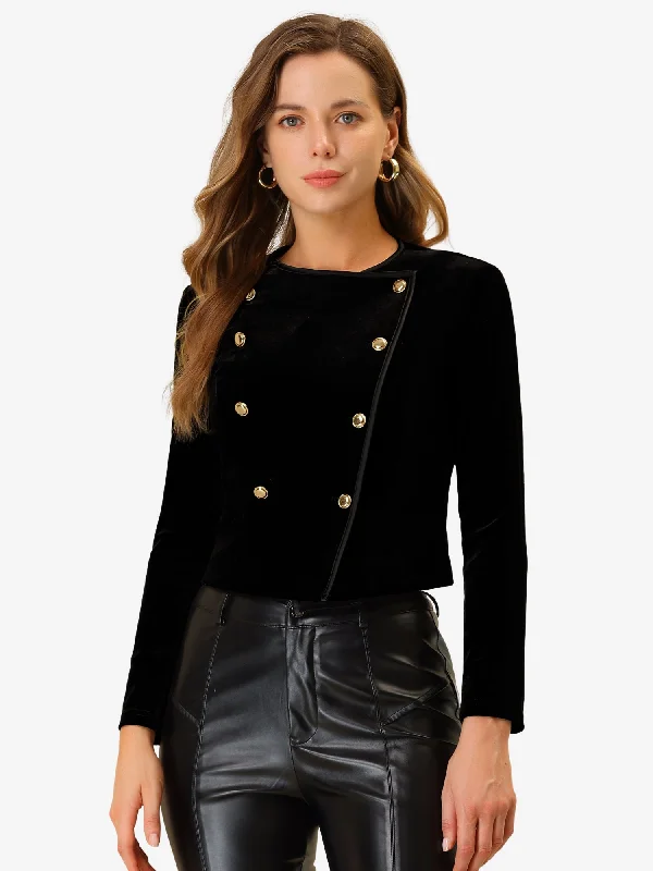 Velvet Notched Lapel Double Breasted Cropped Jacket