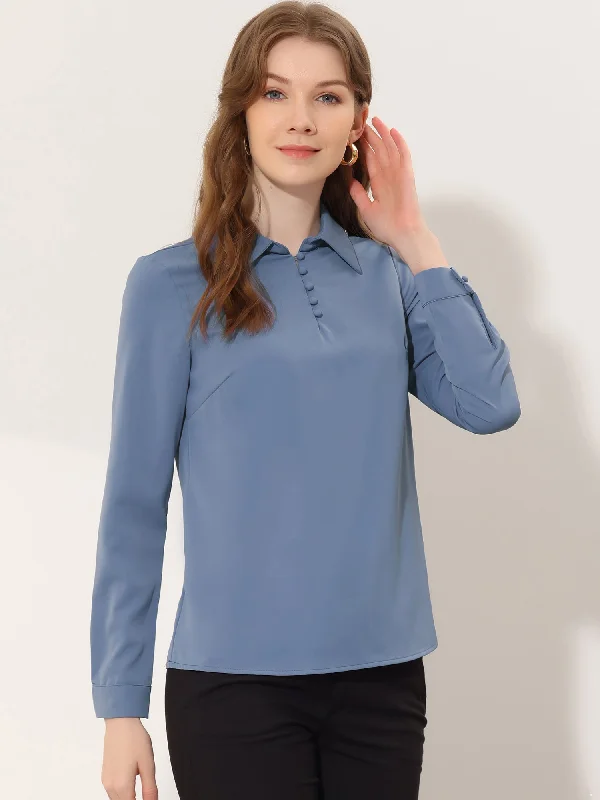 Office Blouse Point Collar Popover Chiffon Long Sleeve Shirt