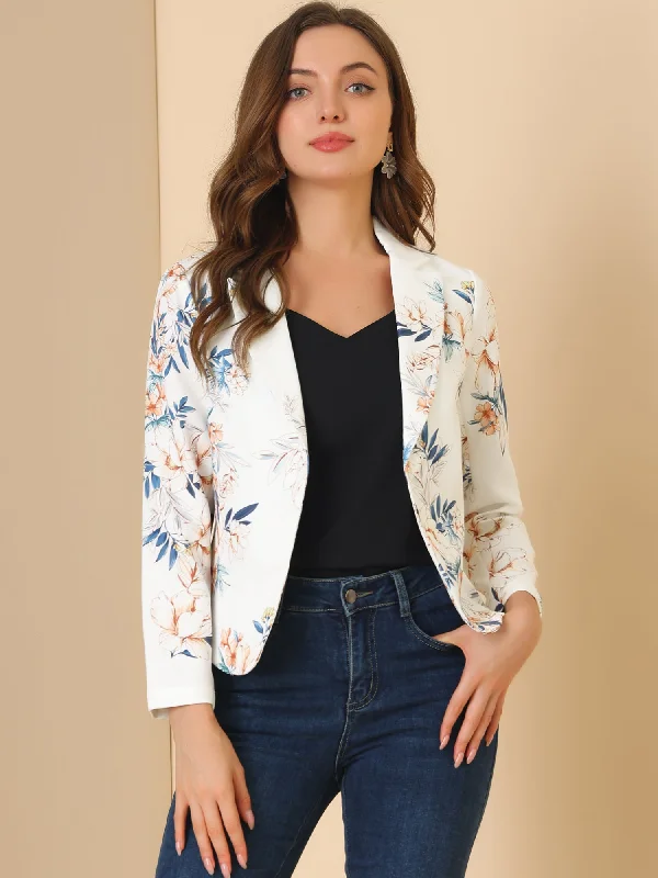 Open Front Floral Work Business Crop Blazer Jacket