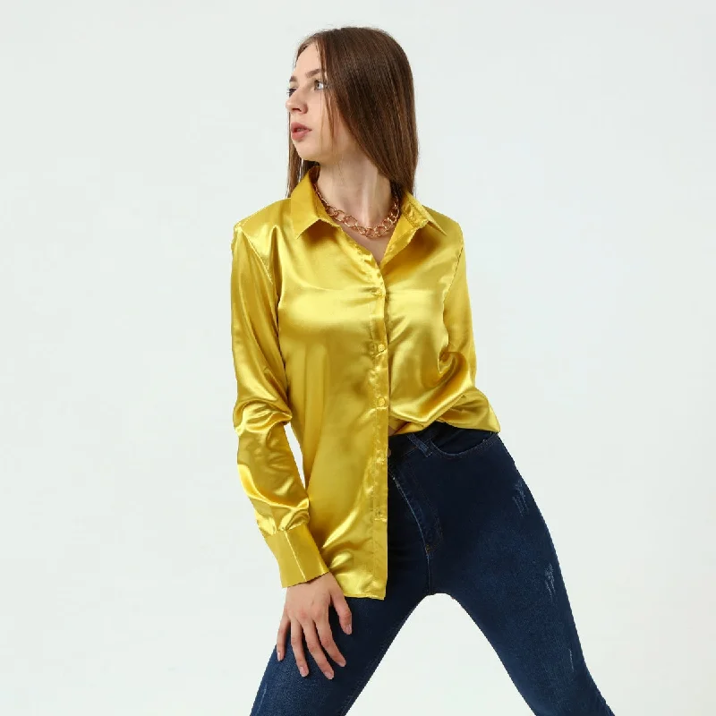 Satin button down long sleeve shirt in gold