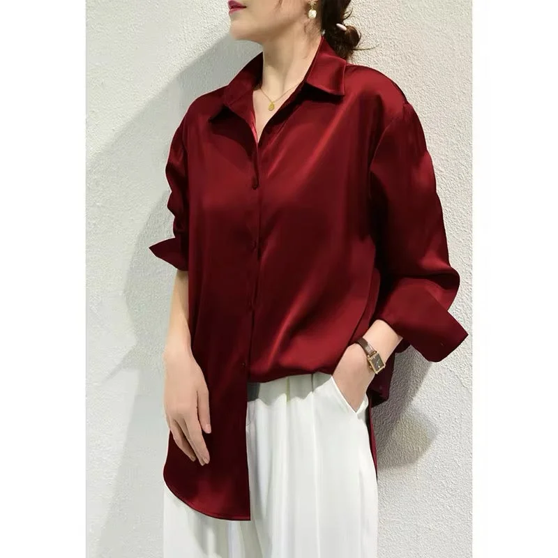 Satin button down long sleeve shirt in red