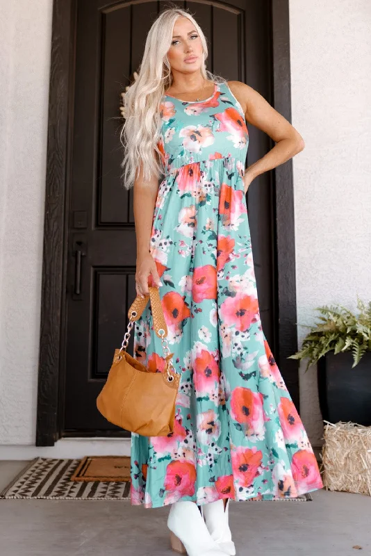 High Neck Floral Print Tie Long Sleeve Dress