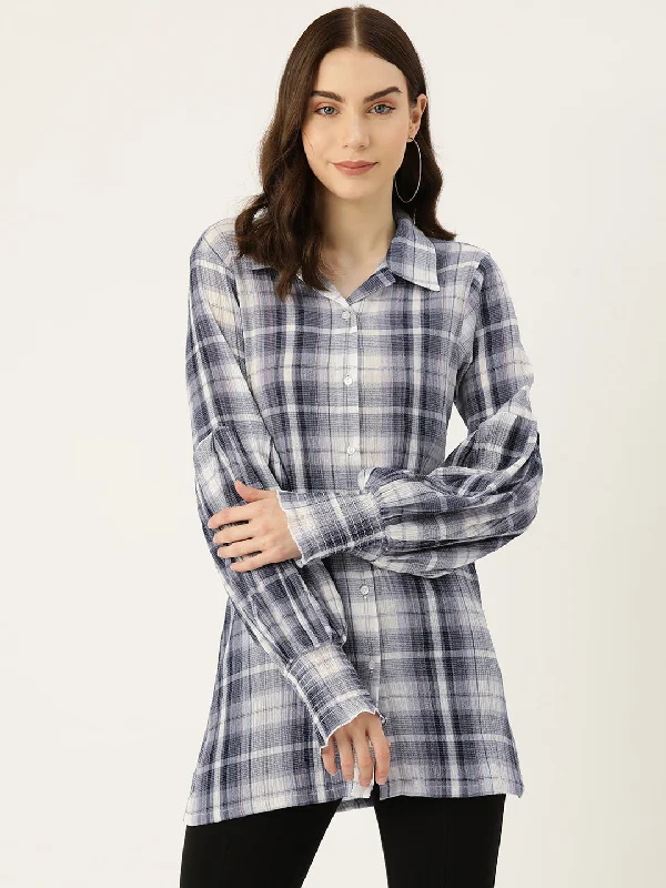 Checked Puff Sleeve Cotton Shirt Style Longline Top