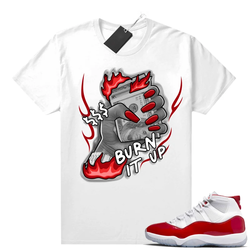 Cherry 11s Sneaker Match White Money to Burn Print 100% Cotton Unisex Graphic T Shirt For Men Streetwear Men's T Shirt