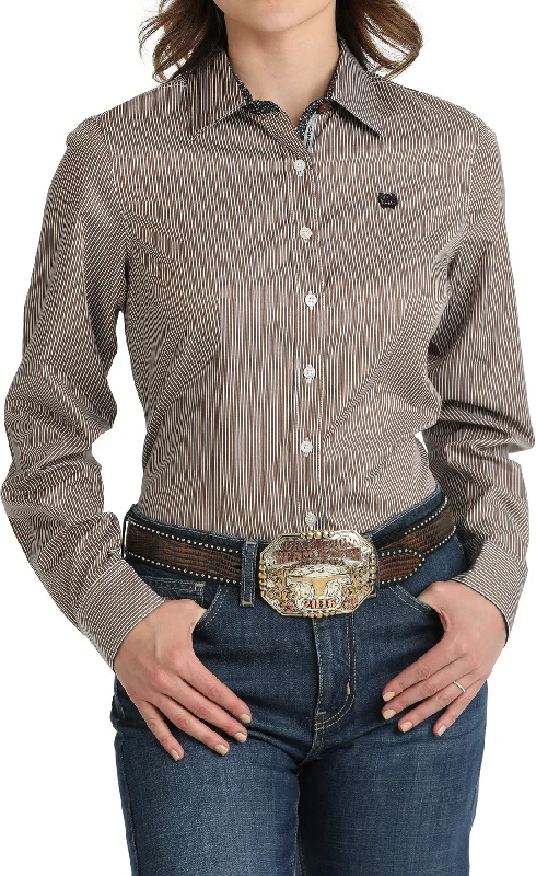 Cinch Women's Brown and Navy Stripe Button Down Shirt