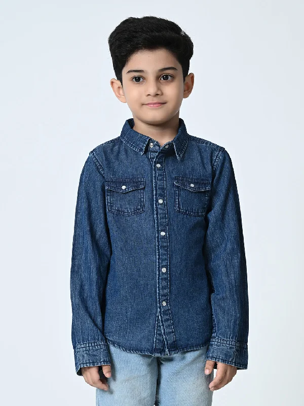 Kids Washed Faded Casual Denim Navy Blue Shirt