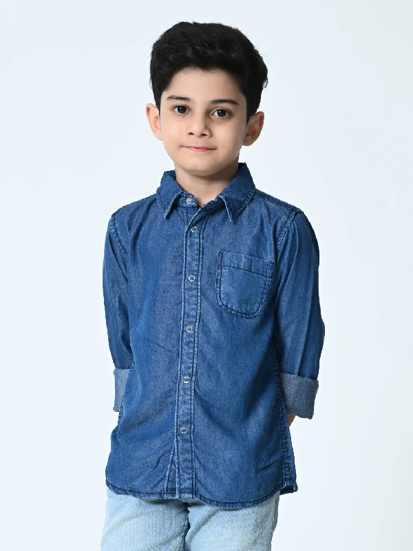 Kids Washed Faded Casual Denim Blue Shirt