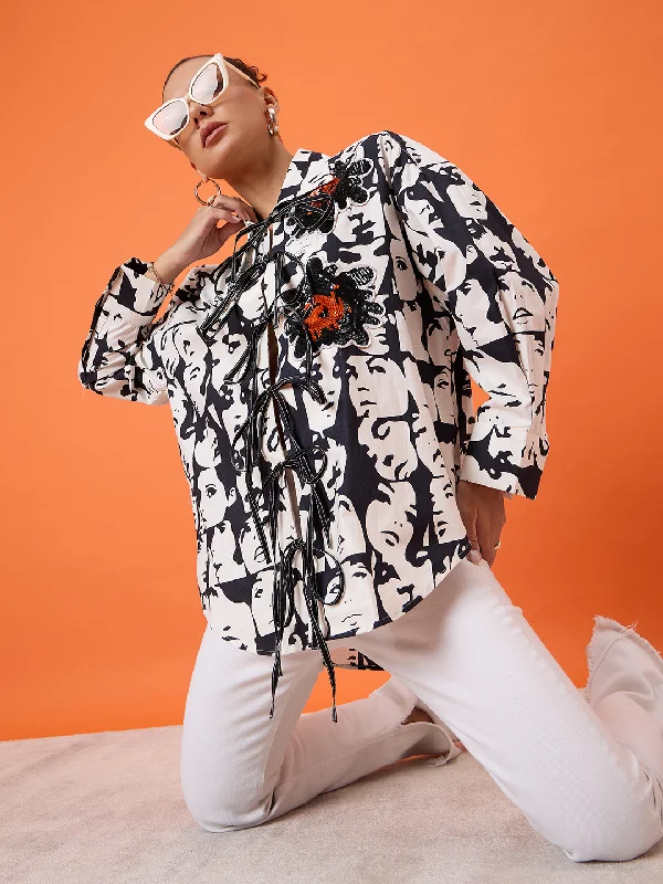 Printed Tie-Up Full Sleeve Sequinned Cotton Shirt