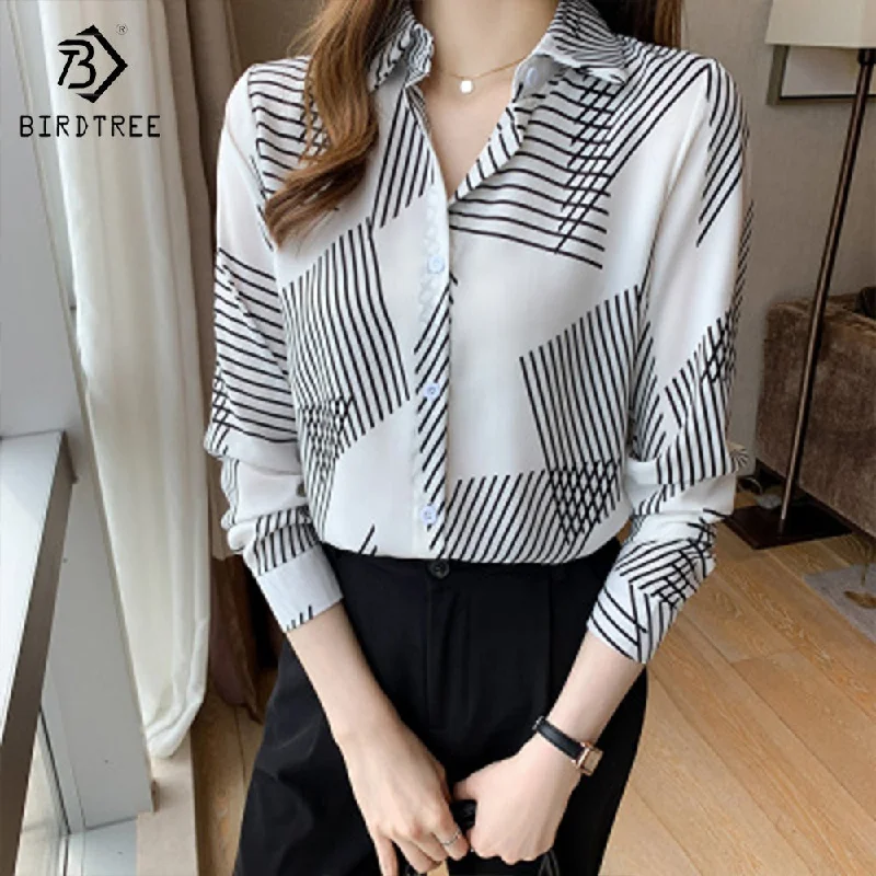 Ready to Ship Women's Long Sleeve Geometry Printing Shirts Elegant Casual Blouses Satin Shirt Tops For Spring Autumn