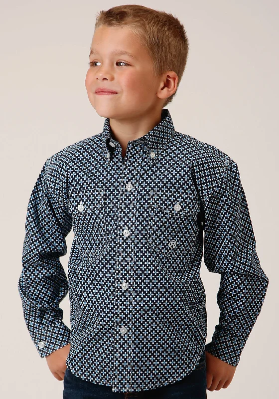 Roper Boys Kids Blue 100% Cotton Four Leaf Foulard BD L/S Button Shirt