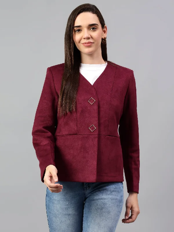 Women's Wine Solid Casual Winter Blazer