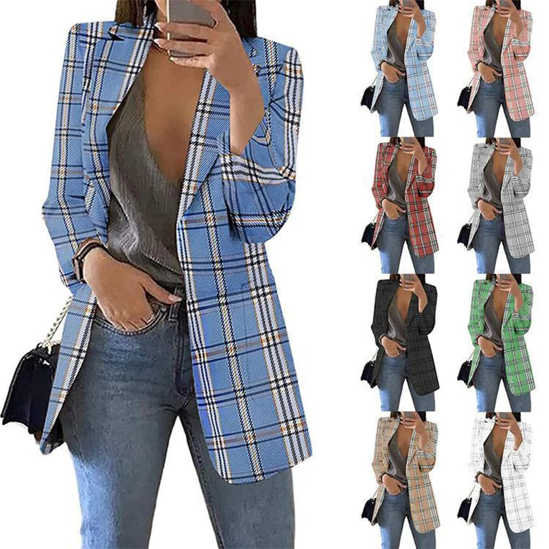 Autumn/Winter Fashion Women's Cardigan Collar Plaid Slim Fit Suit Coat