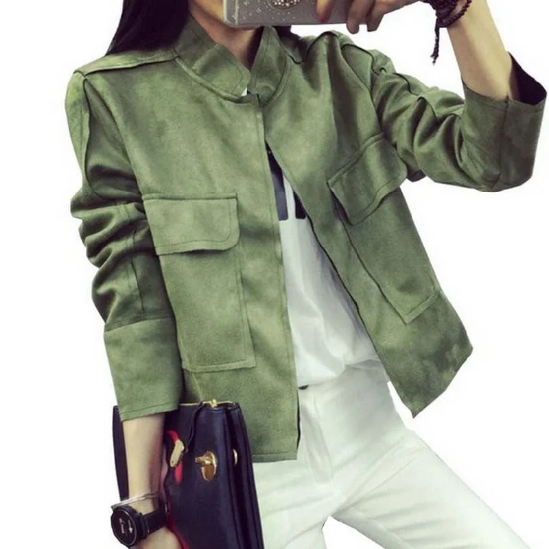 Retro Suede Casual Jacket Women All-Match Military Green Cardigan Coat 6 Colors