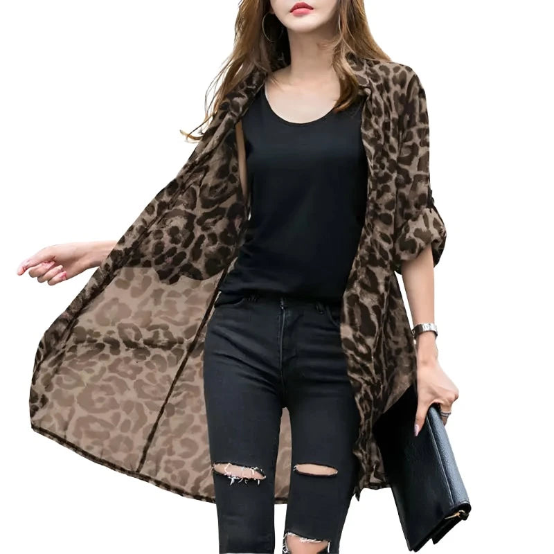 Leopard Cardigans Women's Summer Blouses Long Kimono Cape Female Lapel Tunic