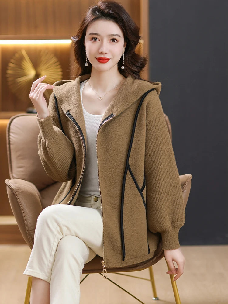 Women Soft Warm Hooded Cardigan Sweater Knitwear Zipper Opening Design Knit Coat