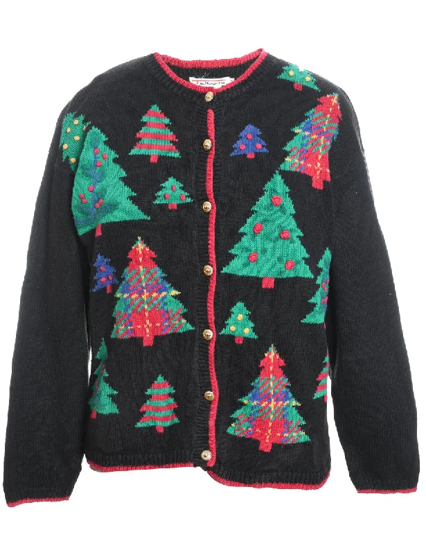 Black Christmas Tree Design Cardigan  - S