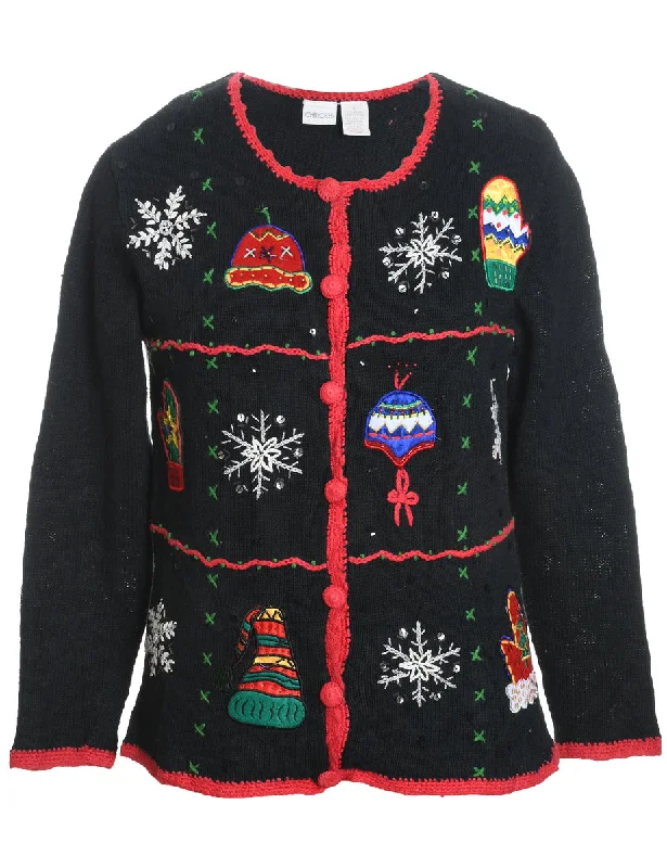 Black Embroidered Button-Front Christmas Cardigan  - S