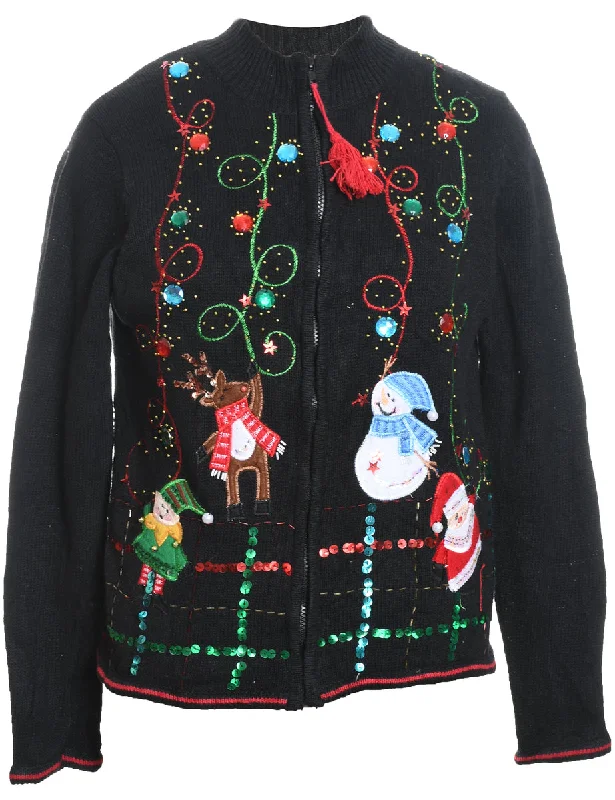 Black Embroidered Zip-Front Sequined Christmas Cardigan  - L