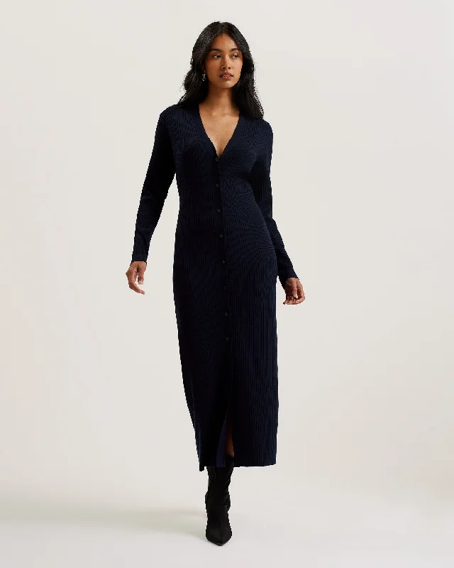 Elmhaa Ribbed Knitted V Neck Maxi Cardigan Navy