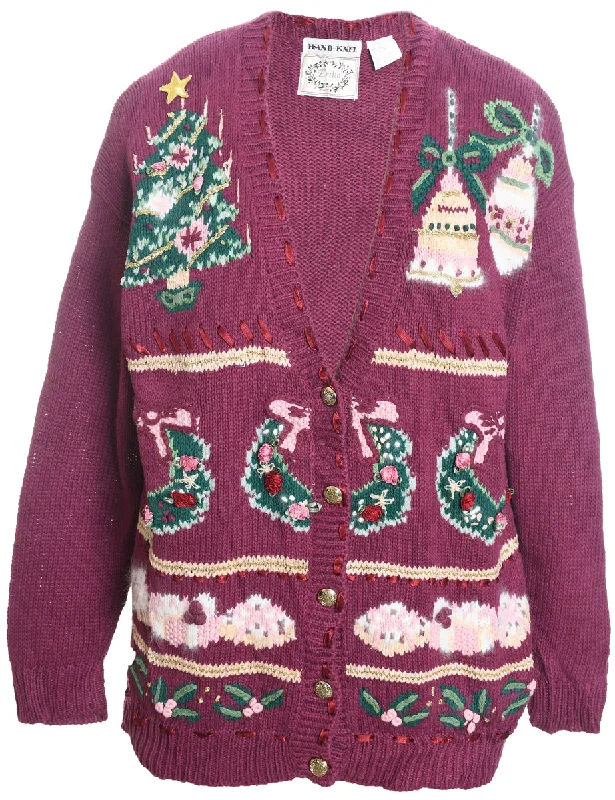 Festive Design Purple Knit Cardigan  - M